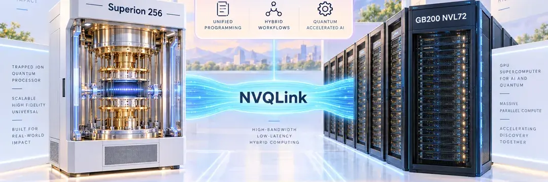 NVAQC 混合栈示意：IonQ Superion 256 经 NVQLink 对接 GB200 NVL72，由 CUDA-Q 编排；发行人口径为首台现场（on-prem）QPU，安装窗口 2027。无合同金额。