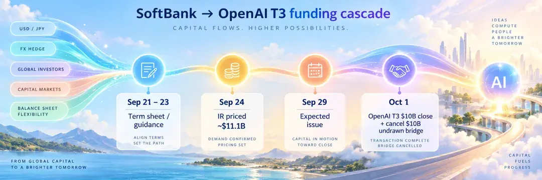 资金闭环时间线:9/21–23 term-sheet 指引 → 9/24 IR 定价 ~$11.1B → 9/29 预期发行 → 10/1 OpenAI T3 $10B 交割并取消桥贷剩余 $10B 未提额度。