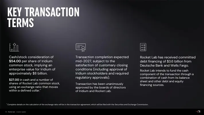 Rocket Lab 6/29 投资者更新 KEY TRANSACTION TERMS：名义 $54/股（约 $8B EV）、$27 现金 + collar 换股、mid-2027、承诺 $3.6B bridge（DB/Wells）