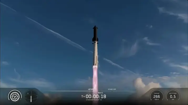 Flight 14 离台升空，任务回放静帧（MET T+00:00:18）
