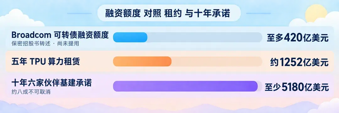 Broadcom 至多420亿美元可转债融资、五年约1252亿美元 TPU 租约,与十年至少5180亿美元基建承诺对照