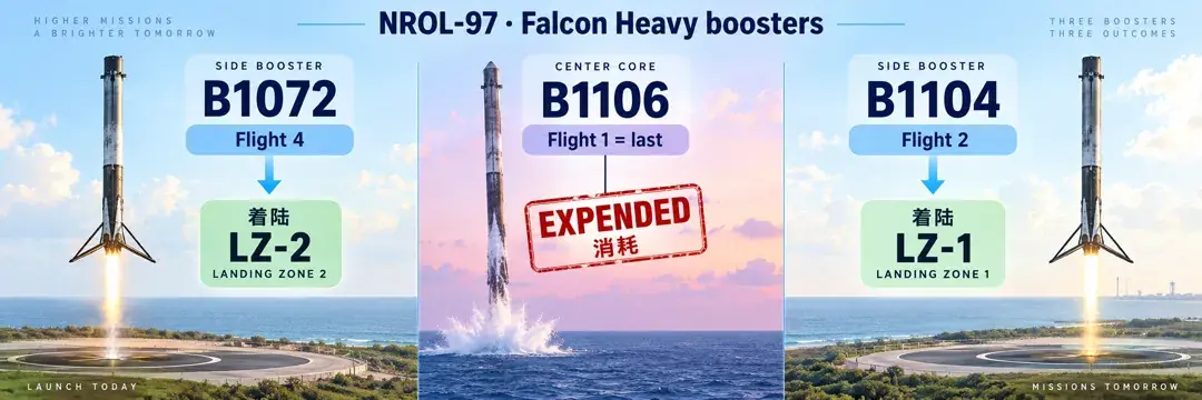 NROL-97 两侧助推已着陆:B1072 落在 LZ-2,B1104 落在 LZ-1,芯级 B1106 消耗