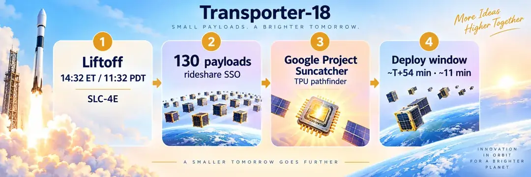 Transporter-18:美东下午 2:32 从 SLC-4E 升空,130 个载荷去太阳同步轨道,部署窗口约升空后 54 分钟