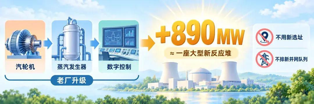 增容机制：汽轮机、蒸汽发生器、数字控制三项老厂升级，换出约890 MW新容量，约等于一座大型新反应堆，且不用新选址、不排新并网队列