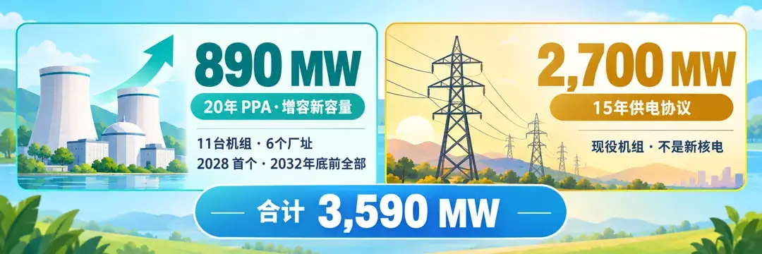 两份协议对照:890 MW为20年增容新容量,2,700 MW为15年现役机组供电协议、不是新核电,合计3,590 MW