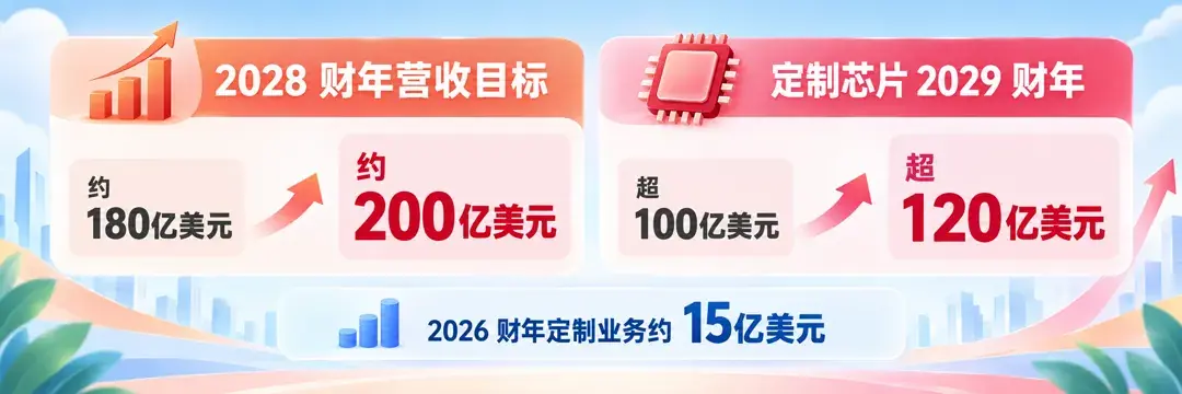 目标上调对照图：2028财年营收目标从约180亿美元上调到约200亿美元，定制芯片2029财年目标从超100亿美元上调到超120亿美元，底栏为2026财年定制业务约15亿美元
