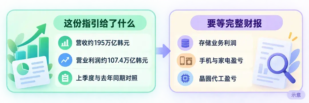 这份指引只给了合并营收约 195 万亿韩元、合并营业利润约 107.4 万亿韩元和上季度、去年同期对照；存储、手机与家电、晶圆代工各自的盈亏要等完整财报