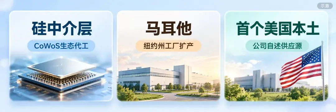 协议内容示意：台积电 CoWoS 生态的硅中介层制造服务，新增产能在纽约州马耳他厂；「首个美国本土」供应源为格芯自述