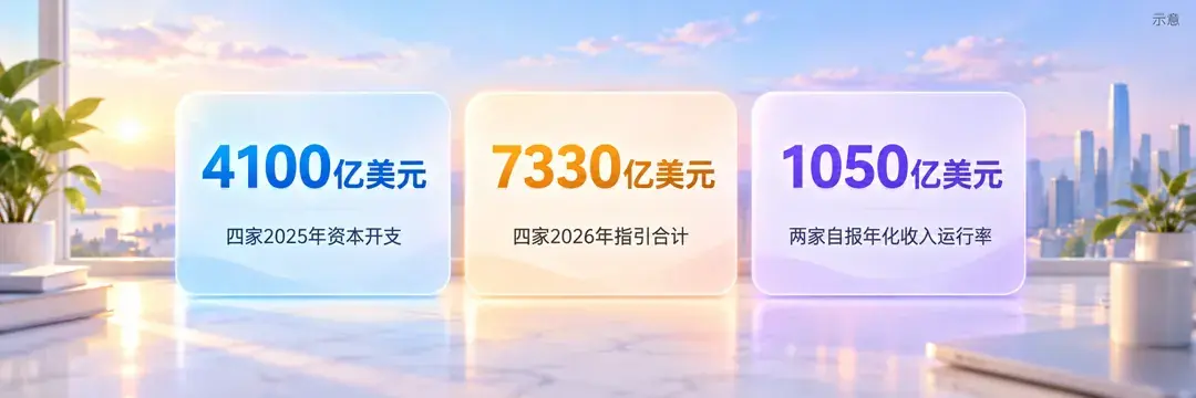 四家资本开支指引与两家自报年化收入运行率示意:4100亿美元、7330亿美元、1050亿美元