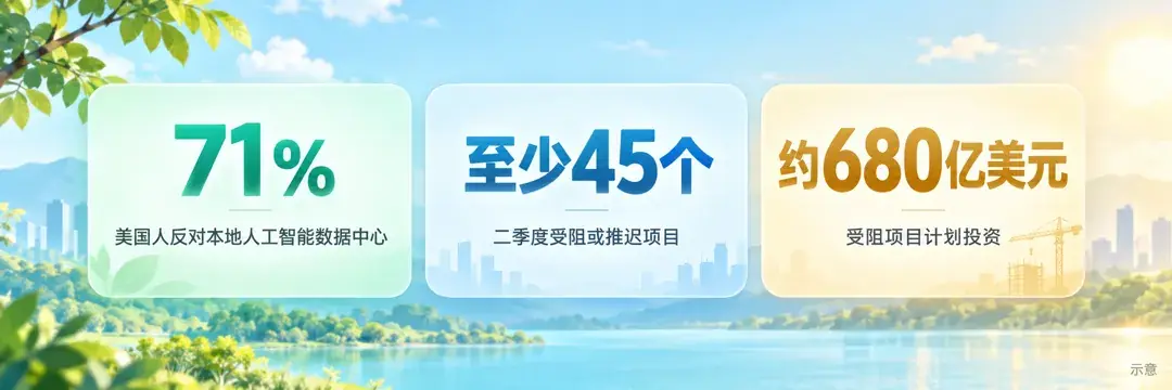 地方反对与数据中心项目受阻示意：71%反对本地人工智能数据中心，至少45个项目、约680亿美元受阻或推迟