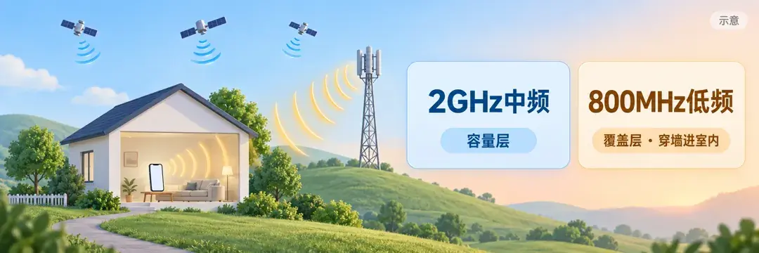 示意:SpaceX称2GHz中频提供容量,800MHz低频作覆盖层,配合地面部署让信号穿墙进楼
