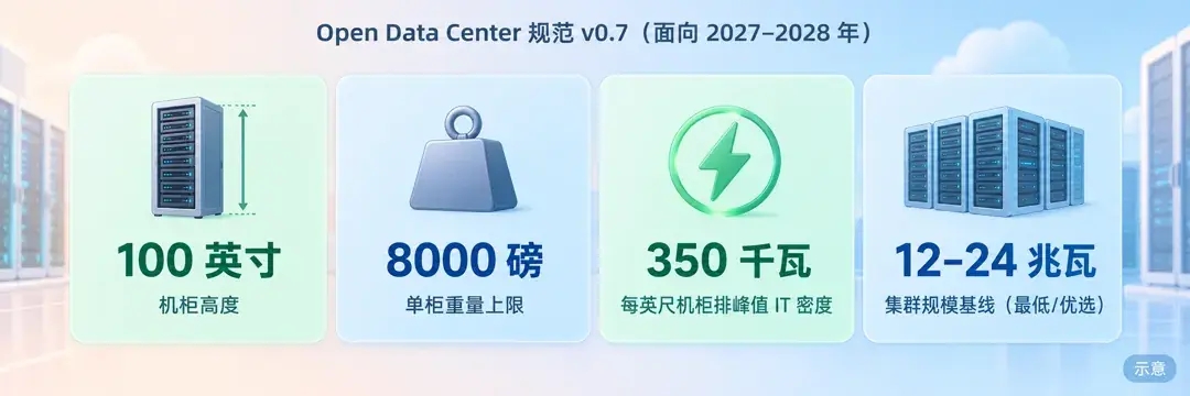 示意:Open Data Center 规范 v0.7 的四个关键数字——机柜高 100 英寸、单柜上限 8000 磅、每英尺机柜排峰值 IT 350 千瓦、集群基线 12–24 兆瓦。据 OCP 规范 PDF。