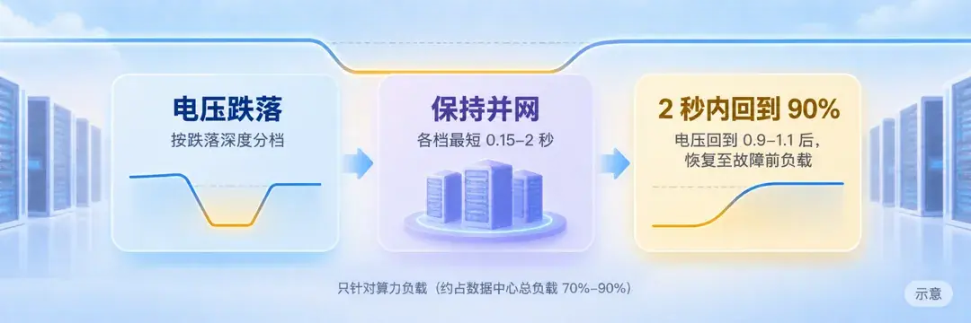 示意：电网扰动接口规范 v1.0.0 对算力负载的要求——电压跌落时按档位保持并网 0.15–2 秒，并网点电压回到 0.9–1.1 后 2 秒内恢复至故障前负载的 90%（仅算力负载，约占总负载 70%–90%）。据 OCP 规范 PDF。