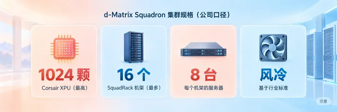 Squadron 集群规格（公司口径）：最高 1024 颗 Corsair XPU、最多 16 个 SquadRack 机架、每个机架 8 台服务器、风冷且基于行业标准。