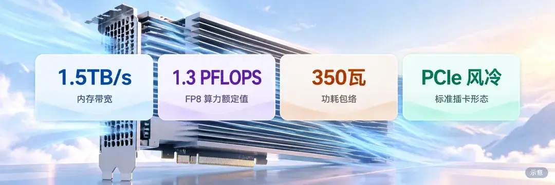 GPU D 系列官方规格（英特尔新闻稿）：内存带宽 1.5TB/s、FP8 算力额定值 1.3 PFLOPS、功耗包络 350 瓦、标准 PCIe 风冷。示意。