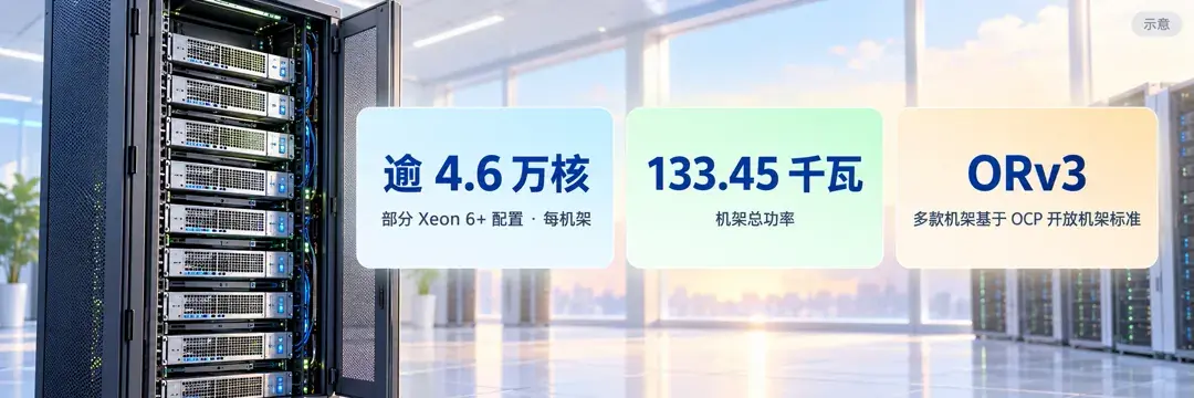 同稿 Xeon 机架(英特尔称):部分 Xeon 6+ 配置每机架逾 4.6 万核、机架总功率 133.45 千瓦;许多机架基于 OCP Open Rack v3。示意。