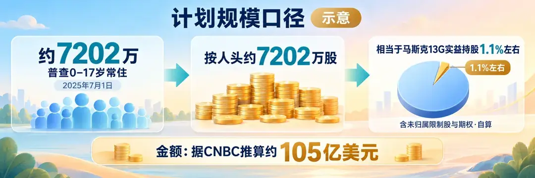 马斯克计划规模口径示意，0至17岁常住72021348人，按人头约7202万股，据CNBC推算约105亿美元
