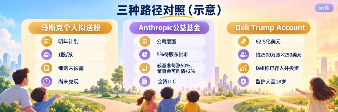 三种路径对照示意，马斯克拟送股、Anthropic公益基金待股东批准、Dell称250美元已存入
